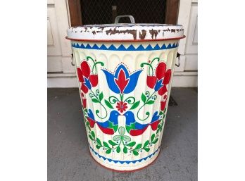 Vintage Folk Art Pennsylvania Dutch Painted Metal Trash Can