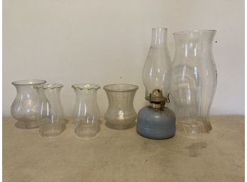 Oil Lamp, Glass Shades And Glasses