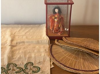 Japanese Doll, Scarf And Straw Hats