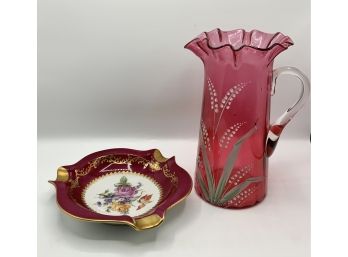 Limoges Plate & Cranberry Glass Pitcher