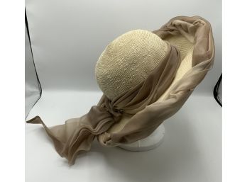 Vintage Straw Hat With Draped Fabric By Herzog ~ W/box ~