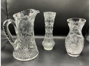 Beautiful Glass Pitcher & 2 Vases