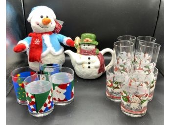 Holiday Glasses, Talking Snowman & Snowman Teapot