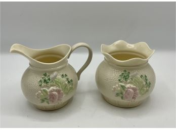 Belleek Open Sugar Bowl & Creamer