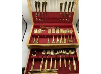 2 Sets Of Holiday Gold Flatware In Wood Flatware Box