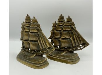 Heavy Solid Brass Book Ends ~ 3 Masts Sailing Ships ~