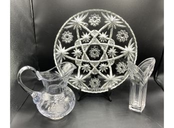 3 Pc Glass Lot ~ Pitcher, Mikasa Vase & More ~