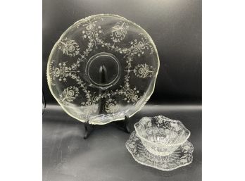 Elegant Etched Glassware ~ Platter & Bowl W/Under Plate ~