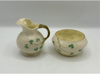 Vintage Belleek Creamer & Open Sugar Bowl ~ Green Mark 1946-1965