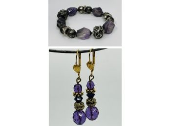 Deep Purple Crystal Drop Earrings And Bracelet