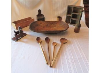 Vintage Kitchen Wooden Ware Dough Bowl Spoons