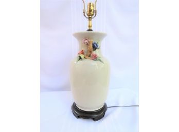 Ceramic Table Lamp With Applied Floral Motif And Wood Base