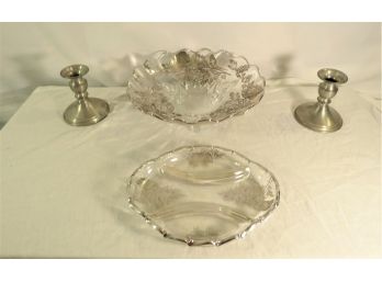 Leonard Pewter Candlesticks & Silverplate Glassware