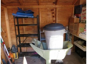 Garden Cart Rubbermaid Barrel And Assorted Tarps And Shelving