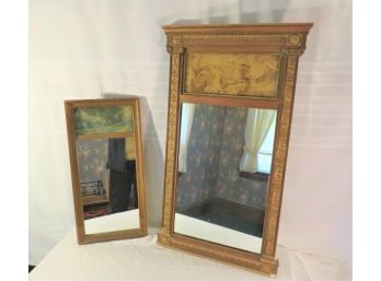 Pair Of Antique Gold Mirrors With Art Insert Panels