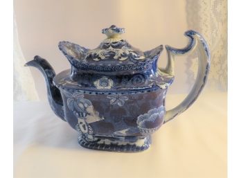 Antique Staffordshire Blue White Transferware Teapot