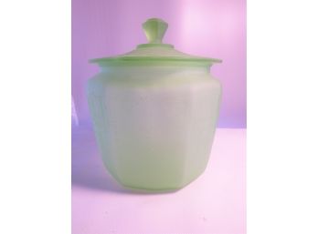 Vintage Green Depression Glass Biscuit Jar With Cover