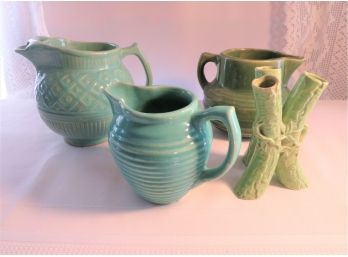 Grouping Of Green Glazed Pottery Pitchers & Vase