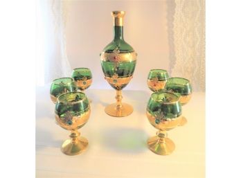 Vintage Czech Bohemian Jeweled Glass Decanter With 6 Glasses