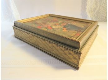 Decorative Gilt Wood Dresser Box With Floral Litho And Mirror