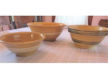 3 Banded Yellow Ware Antique Mixing Bowls