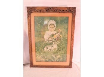 Antique Victorian Lithograph 'flower Gathering'