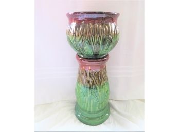 Vintage Cattail Majolica 2 Piece Jardiniere Planter With Pedestal