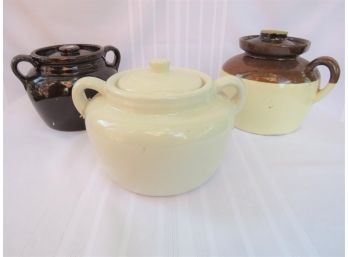 3 Bean Pots Crockware With Lids