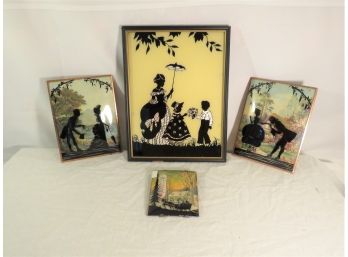 Grouping Of Victorian Silhouette Reverse Paintings & Thermometer