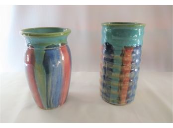 2 Vintage Hull Brush Stroke Stoneware Vases Striped Glaze