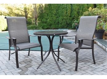 Pair Of Lazy Boy Outdoor Chairs With Aluminum Glass Top Round Table