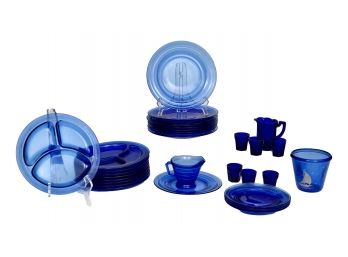 Collection Of Cobalt Blue Glass Plates And More