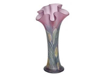 Rueven By Nouveau Art Glass Ruffled Edge Hand Painted Vase