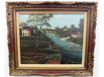 Very Well Done Vintage Oil Painting Figure Standing On Canal Shore Signed Ames