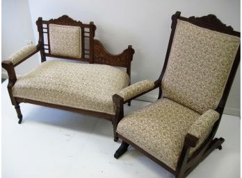 Antique Victorian Eastlake Carved Walnut Setee & Rocking Chair