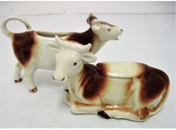 Vintage E&R Germany Porcelain Cow Covered Sugar & Creamer Full Bee Mark