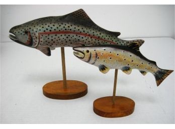 Pair Of Vintage Mounted Hand Painted Wooden Rainbow Trout Decoys