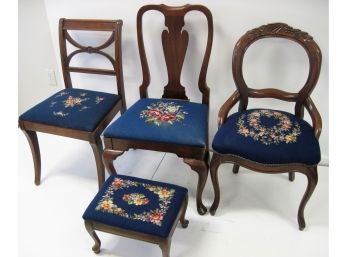 Group Of Antique Carved Mahogany Needlepoint Chairs With Foot Stool