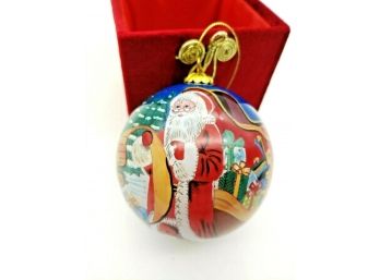 'LI BIEN' 2004 Christmas Santa With Toys Ornament Reverse Painted Glass In A Velvet Box