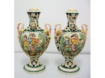 Gorgeous Pair Of Vintage 18' Hand Painted Capodimonte Double Handle Porcelain Urns