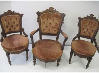 Group Of 3 Antique Victorian Eastlake Carved Walnut Velvet Parlor Chairs