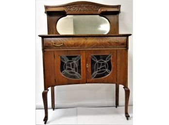 Beautiful Antique Tiger Oak Beveled Glass Double Door Buffet