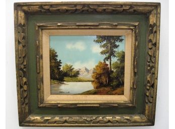 Vintage Impressionist Landscape With Mountain & Lake Signed Oil Painting In Carved Frame