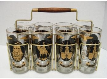 Rare Vintage Libbey Complete Set Of 8 Americana Hostess Set Glasses Andrew Jackson Perry's Flagship