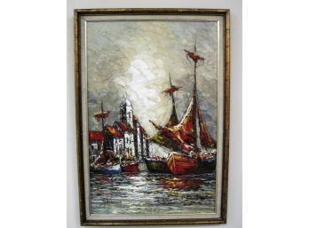 J Casamada Signed Heavy Impasto Impressionist  Sailing Vessels Oil Painting