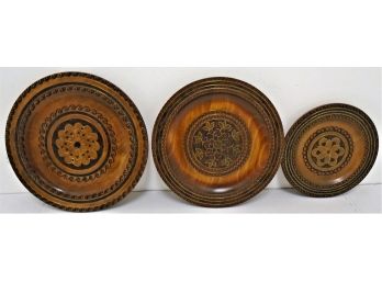 Set Of 3 Wooden Carved Talerz Plates From Poland 7.5', 9', 9.5'