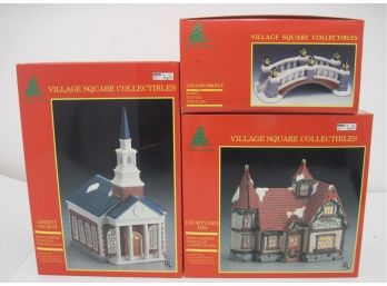 Village Square Collectibles Lot Of 3 Courtyard Inn,Liberty Church,Column Bridge