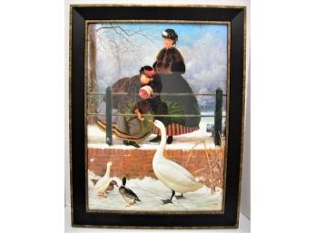 Beautiful Framed Under Glass Victorian Ladies Feeding Ducks Print