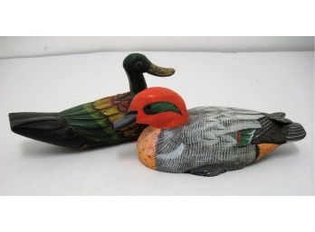 Nice Pair Of Hand Painted Carved Wooden Duck Decoys