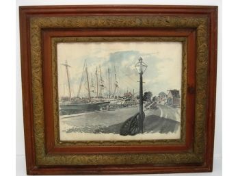 Paul N. Norton Seaport Street, Mystic Cove Watercolor Print In Oak Gesso Frame